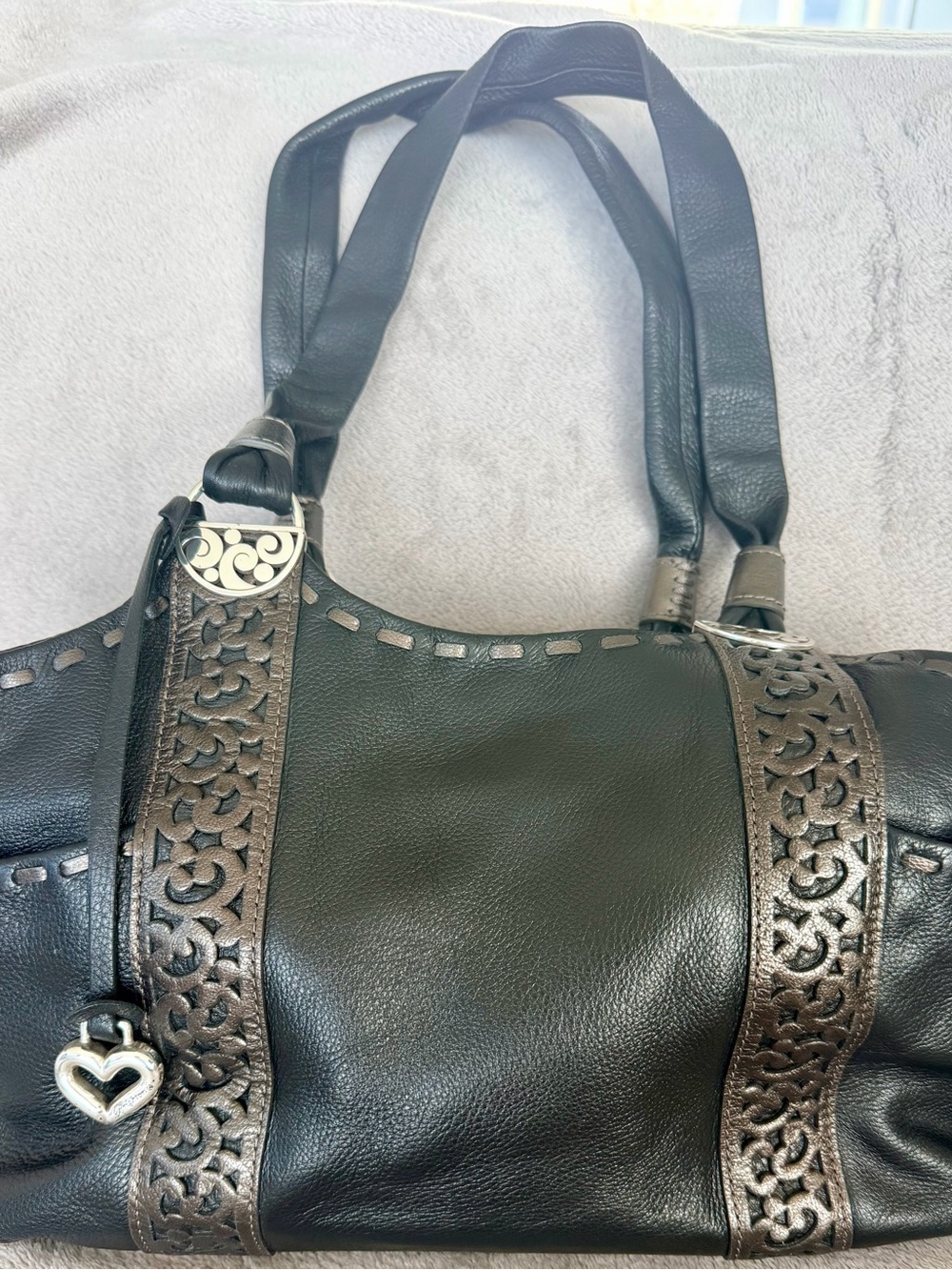 Brighton Black Leather Shoulder Bag with Brown Metallic Trim